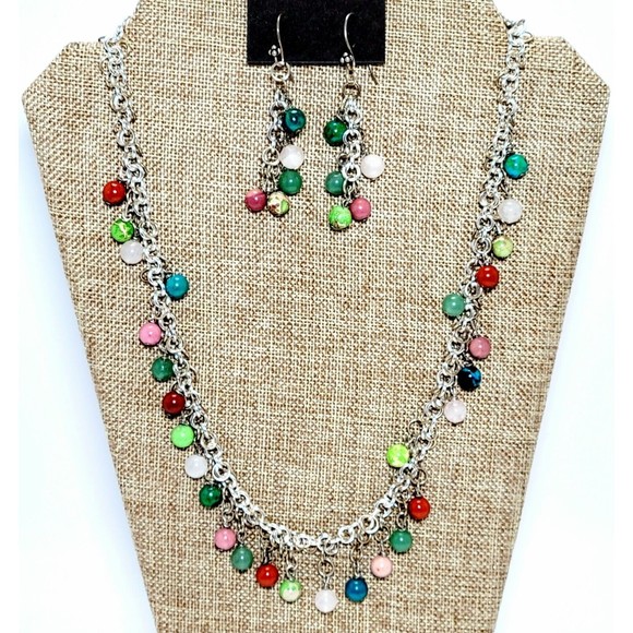 Genuine Agate Round Bead Multicolor Silver Tone Necklace & Drop Earrings Set New - Picture 9 of 11